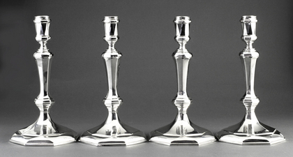 Cast Britannia Silver Queen Anne Style Octagonal Candlesticks (Set of 4), With 2 Detachable 2 Light Candelabra - Tessiers